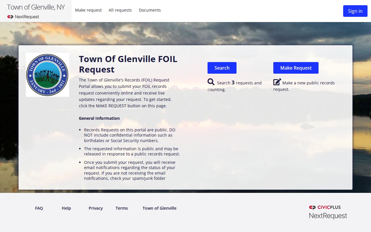 Glenville Police official FOIL portal for arrest records