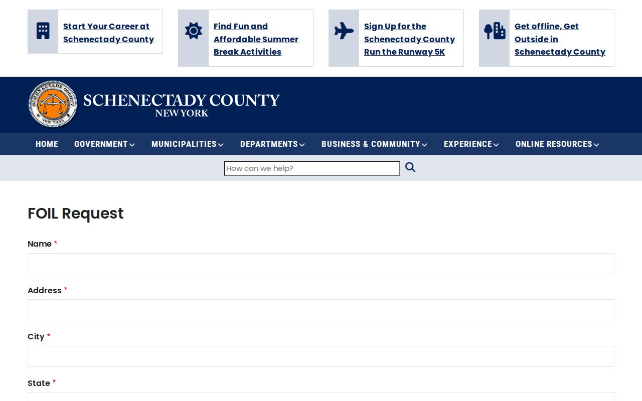 Schenectady County FOIL request fields for booking-record access